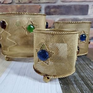 3 Golden Mesh Steel Wire Faux Gems Storage Basket